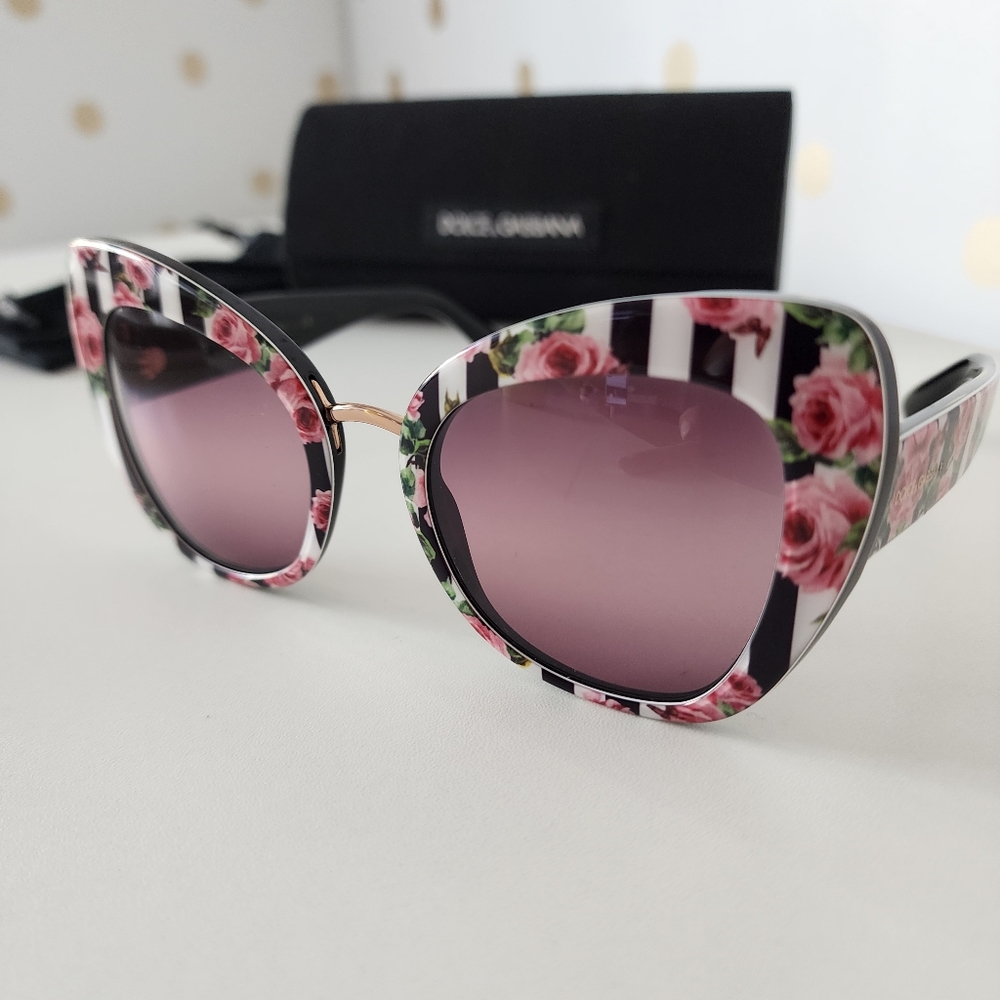 Dolce & Gabbana Butterfly Sunglasses With Stripes & Roses Print